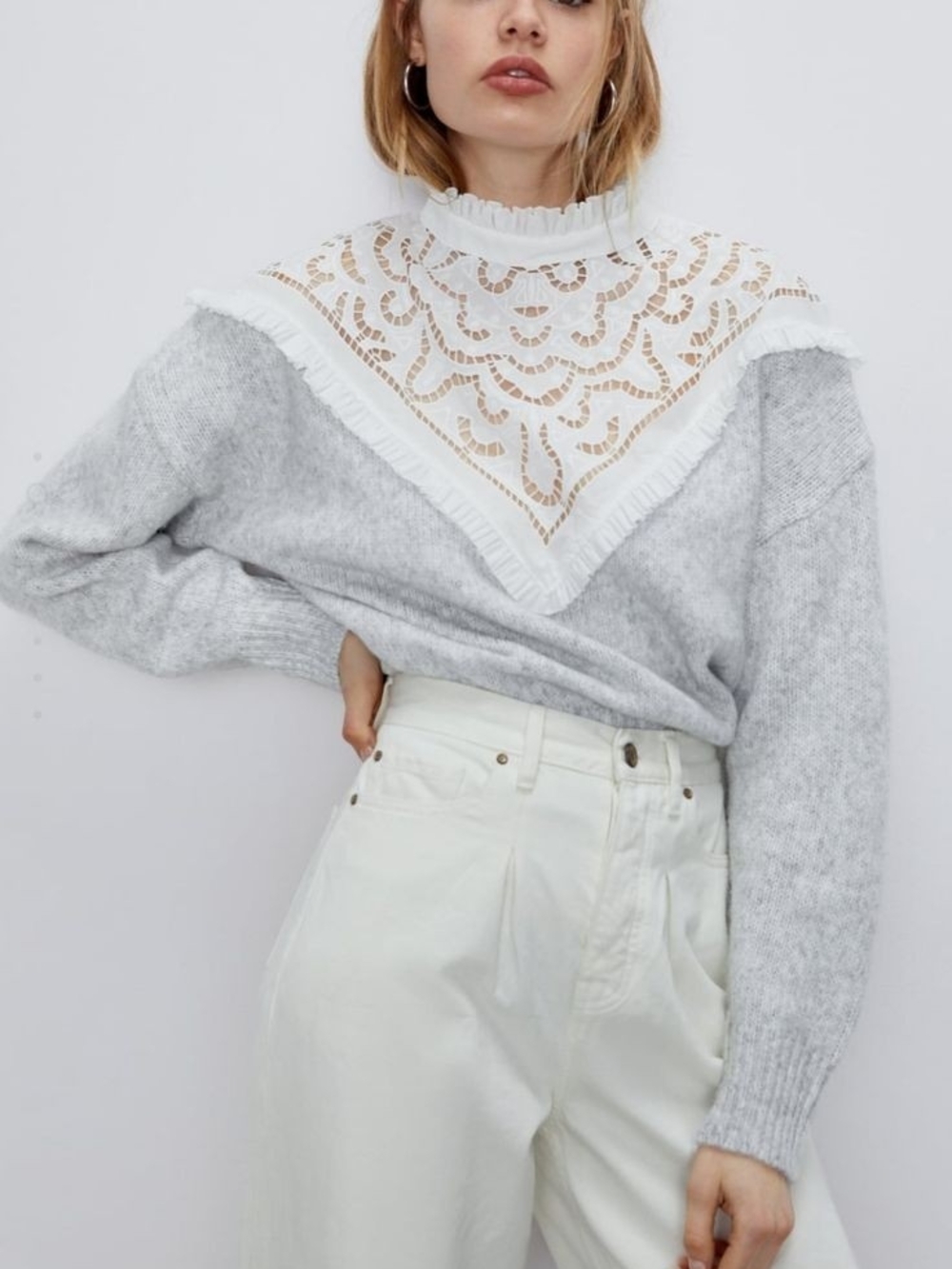 Zara Light Gray Sweater with White Lace Bib